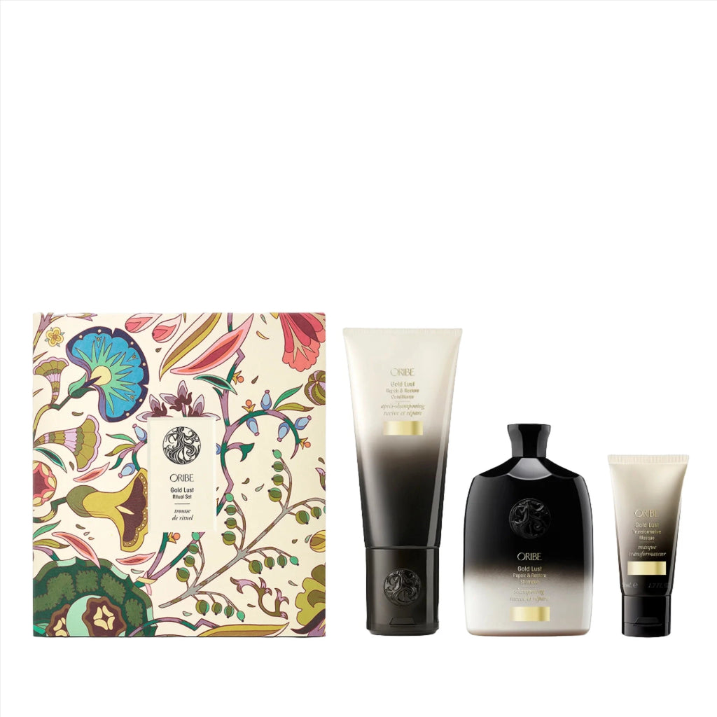 Oribe Gold Lust shampoo, conditioner and masque in a beautiful flower coloured box 