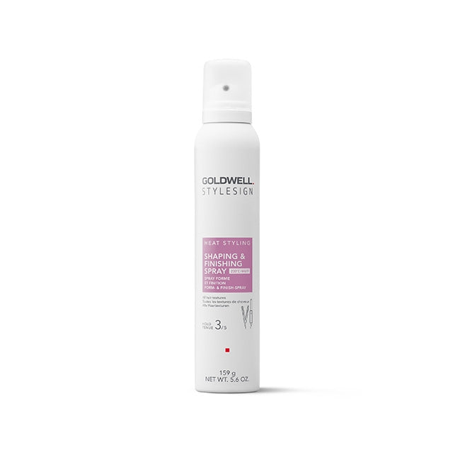 White aluminum bottle with pink label.  Aerosol spray nozzle.